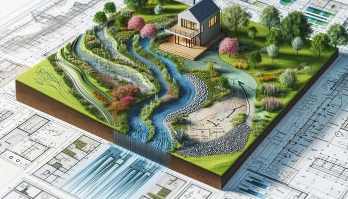 A modern house with graded slopes and strategic vegetation managing water flow and preventing erosion.