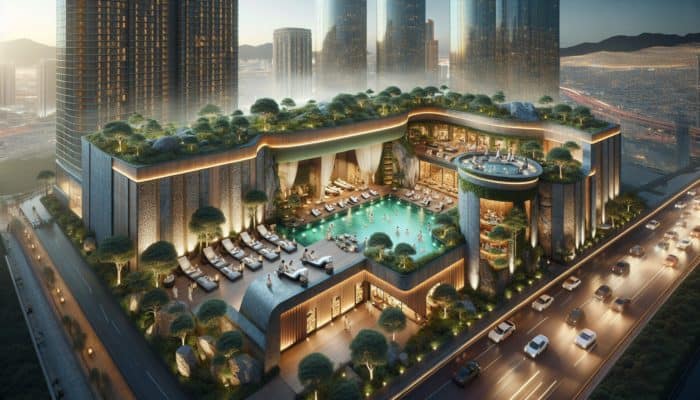 Best Las Vegas Spas for a Relaxing Day: A luxurious spa in Aria Resort & Casino with natural stone and wood, offering rejuvenating treatments in a serene, lush environment.