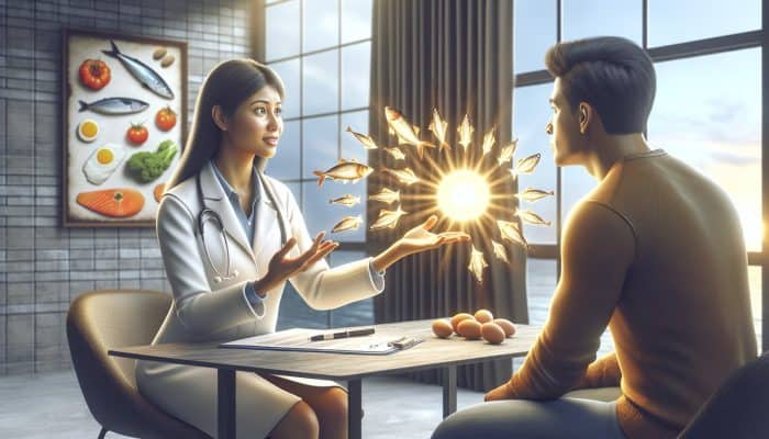 A doctor explains vitamin D test results using a chart, with sunlight and vitamin D-rich foods in the background.