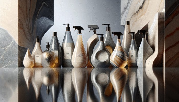 Premium pH-neutral stone floor cleaner bottles from leading UK brands displayed on a marble countertop.