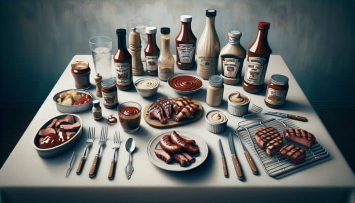 A table featuring Kansas City BBQ sauce in a jar, Alabama white sauce in a bowl, and a custom BBQ sauce in a bottle, alongside grilling tools and meats.