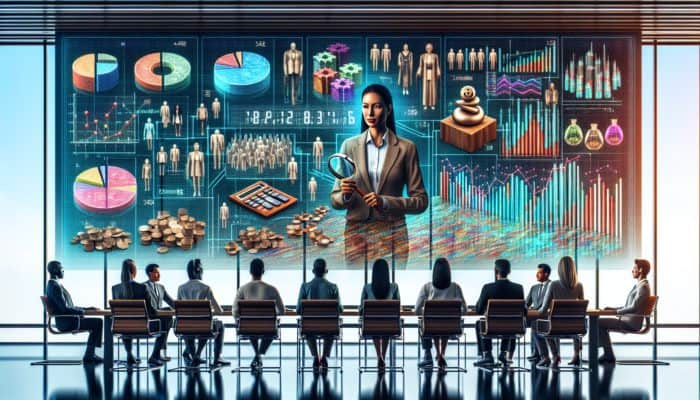 Local economist analyzing economic data on screen, with graphs and charts, in a modern conference room with diverse group.