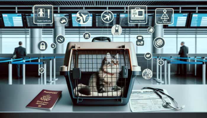 Airline Policies for Cats: A cat in a travel carrier at an airport with essential travel documents and airline specifications.