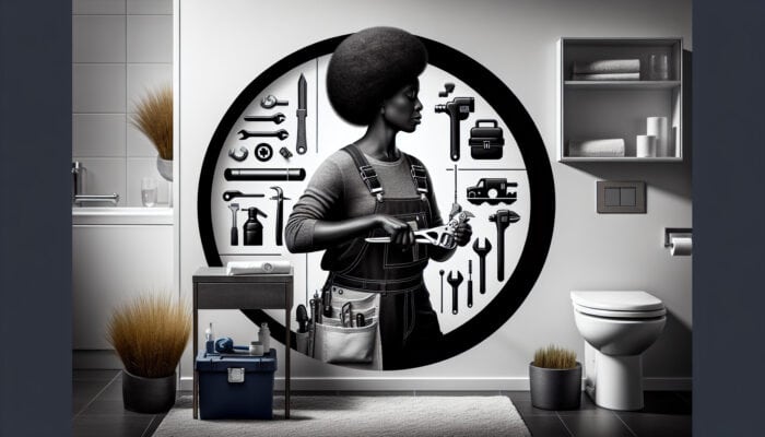 Plumber in overalls repairing toilet in modern Pitt Meadows bathroom, toolkit and service logo visible.