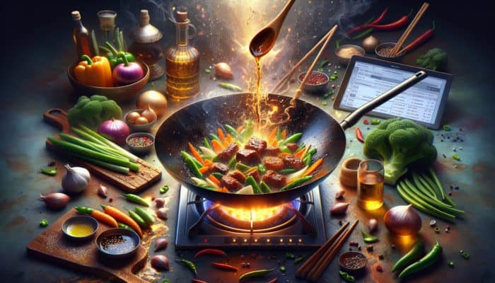 A sizzling wok with peanut oil stir-frying vegetables and meat, finished with sesame oil drizzle.