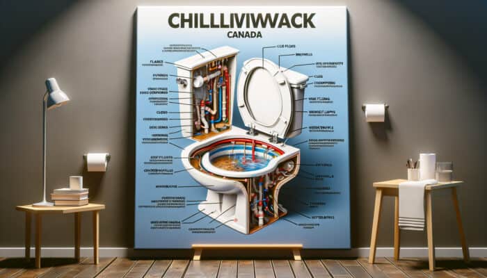 Toilet Repair Services in Chilliwack: Cross-section of a toilet showing common issues like leaks, clogs, and faulty flappers in a Canadian bathroom.