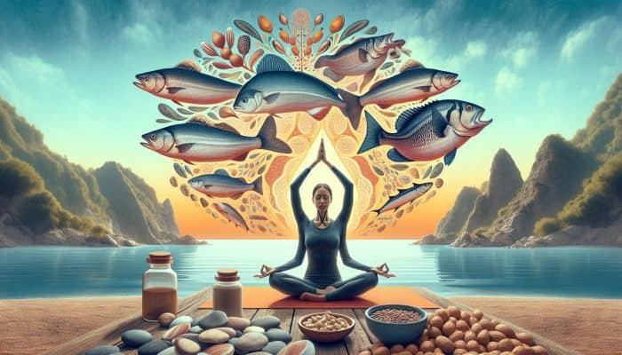A person doing yoga by the sea with fish and nuts, representing support for thyroid health.