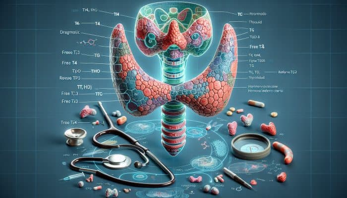 Diagram of the thyroid gland with labelled sections for TSH, T4, T3, TPO, Tg, Free T4, Free T3, Reverse T3, and diagnostic tools.