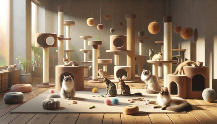 A tranquil room equipped with cat towers, posts, and toys where multiple cats coexist peacefully and play.