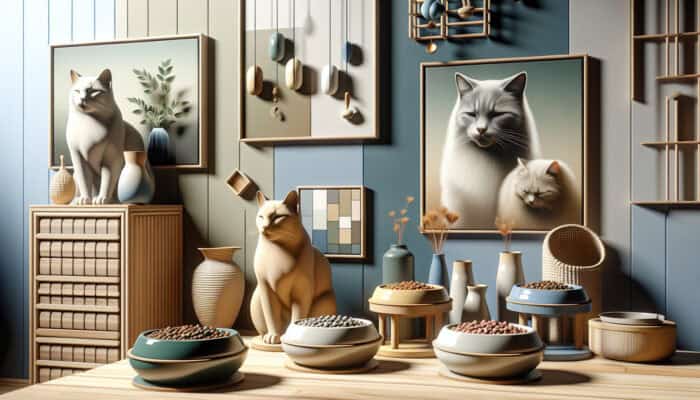 Cozy home with distinct cat feeding stations, each equipped with unique bowls, promoting peace among cats.