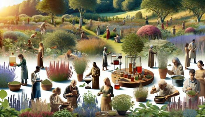 Herbal Safety for Chronic Conditions: A serene garden with diverse medicinal herbs and people brewing teas and tinctures, symbolising herbal medicine's empowerment in the UK.