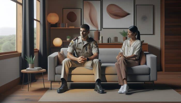 A stressed first responder in therapy, symbolising essential mental health support for trauma.