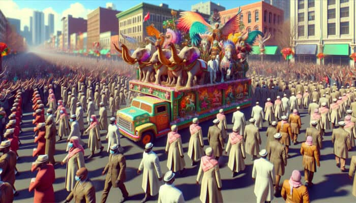 A vibrant holiday parade featuring organized floats and diverse animals like elephants and horses under a sunny sky.