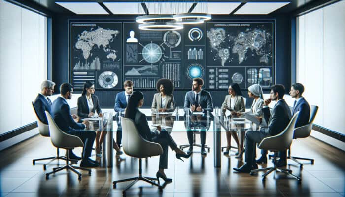 Diverse experts discussing payment agreement dispute resolution strategies in a modern conference room with digital displays.