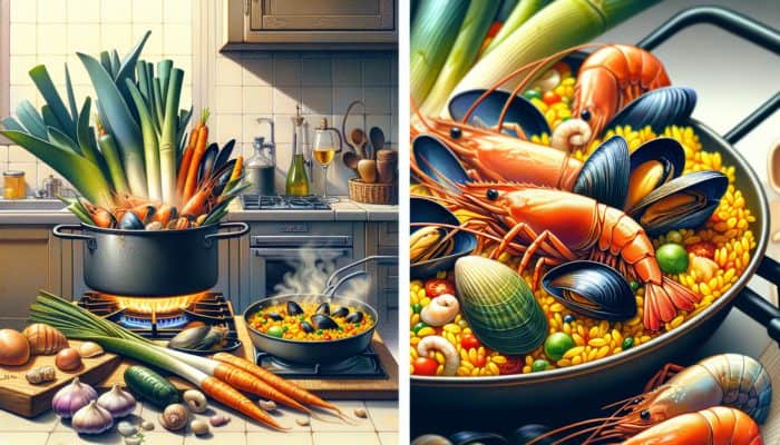 A steaming pot of homemade seafood stock with vegetables next to a paella pan containing saffron rice and seafood.