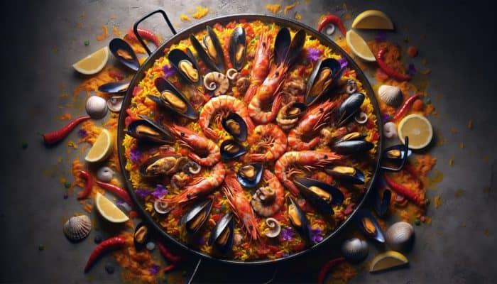 A striking paella with saffron rice, seafood including shrimp and mussels, over a rich sofrito base.