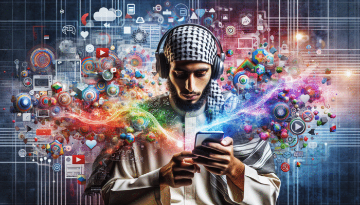 Optimising Mobile Video Content: A person enjoying vibrant videos on a smartphone, accompanied by digital elements and statistics related to mobile video consumption.