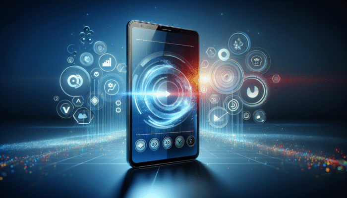 A smartphone displaying a video, surrounded by optimisation icons and graphs on a contemporary background.