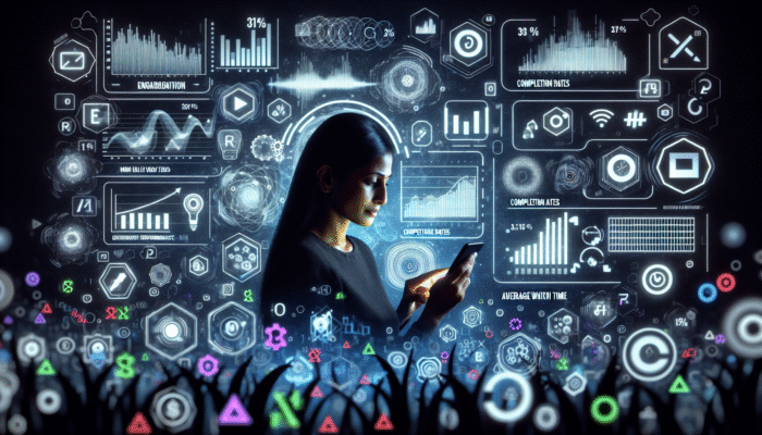 Person evaluating mobile video performance on a smartphone, with graphs showing engagement, completion, and watch time metrics using Google Analytics.