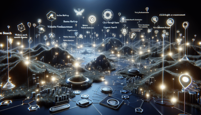 A digital landscape illustrating schema markup boosting website visibility, increasing click-through rates, and enhancing organic traffic, integrated with voice search and digital assistants.