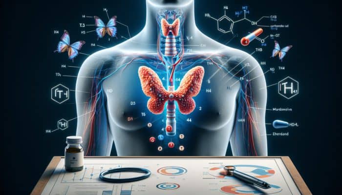 Illustration of thyroid gland and its hormone production impacting metabolism, energy, and heart rate.