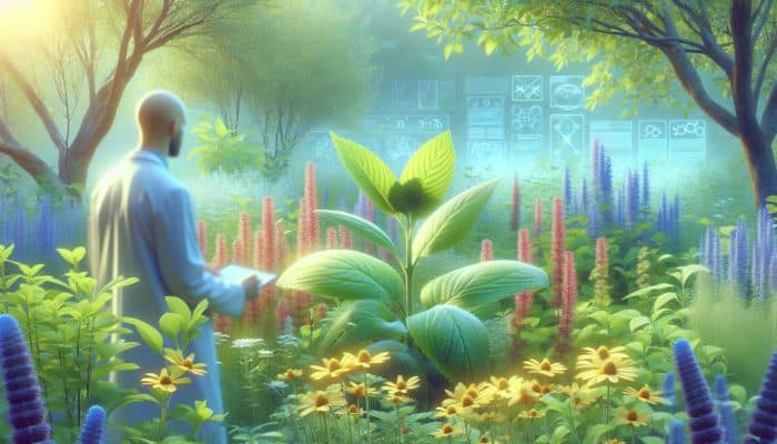A tranquil garden featuring herbs like lemon balm and ashwagandha, with an expert inspecting plants.
