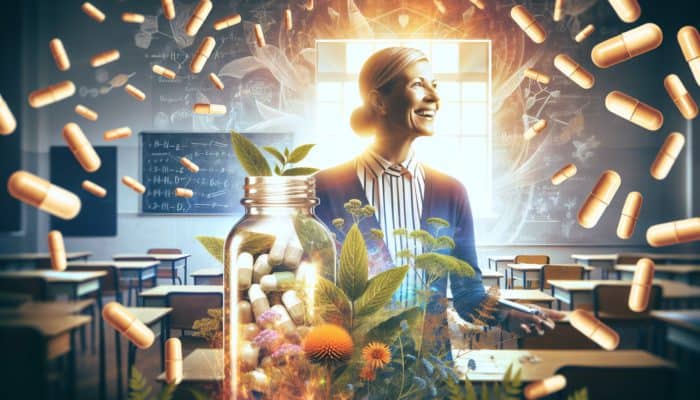 Sarah, a 35-year-old UK teacher, revitalised and relaxed, with Ashwagandha supplement in a herb-filled classroom.