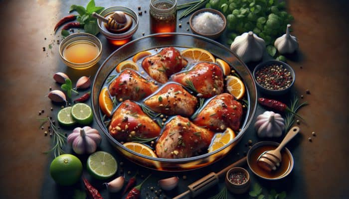 BBQ chicken thighs marinating in citrus, garlic, soy sauce, and honey, with herbs and spices.