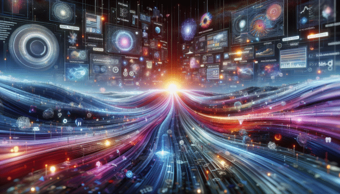 A digital landscape with data streams flowing into an interactive content hub, surrounded by graphs and feedback symbols.