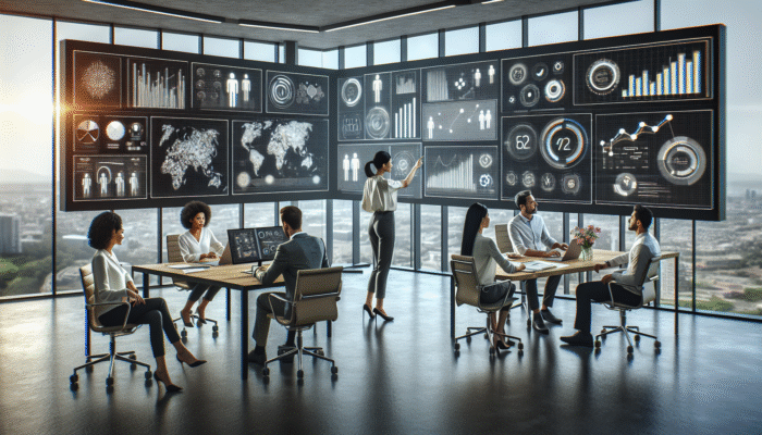 A team in a modern office analysing data on screens, adjusting content strategies on a digital whiteboard.