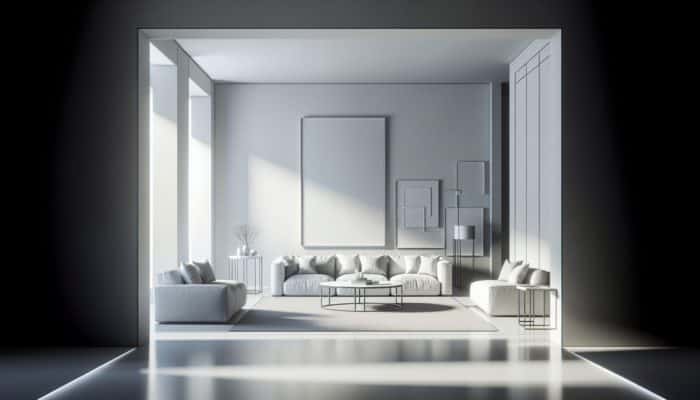 A minimalist room showcasing a streamlined aesthetic with clean lines, monochrome colours, and balanced furniture layout.