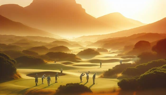 Golf Fitness Routines for Seniors: Senior golfers in South Africa enjoying a sunrise game, demonstrating fitness benefits on a lush course.