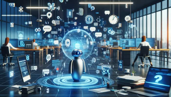 A virtual assistant amidst floating error messages and misinterpreted instructions in a busy office, with a clock showing delays.