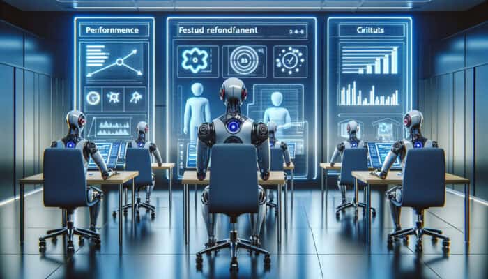 Futuristic office with robots analyzing performance data on holograms, receiving feedback in a collaborative setting.