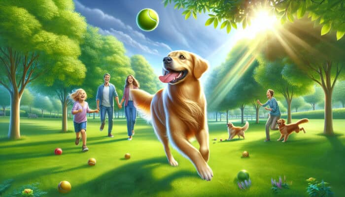 A Golden Retriever playing fetch in a park with a family, showcasing its friendly and energetic nature.