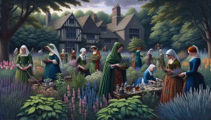 Best Herbs With Clinical Studies: Tapestry showing the history of herbal medicine in the UK, from ancient Celts to Victorian era with rosemary and lavender.