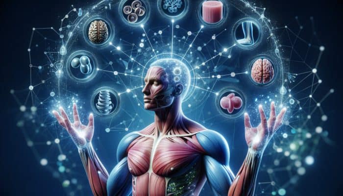 Hydrolyzed Collagen For Tendon Support: Illustration of a person with glowing skin, strong hair and nails, surrounded by symbols of joints, tendons, muscles, and bones, nourished by hydrolyzed collagen streams.