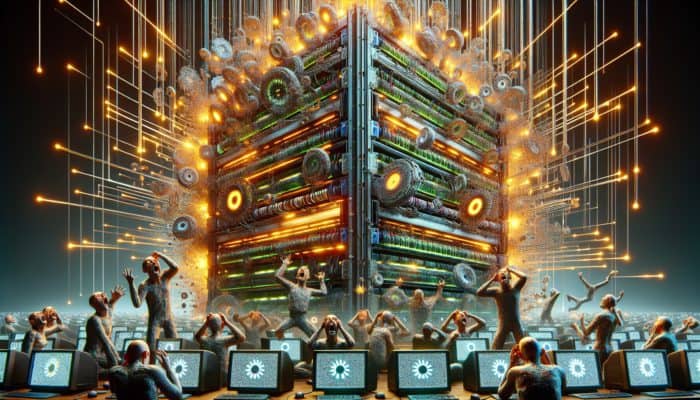 A server overwhelmed with outdated data, frustrated users viewing old information, emphasizing the necessity for fresh caching.