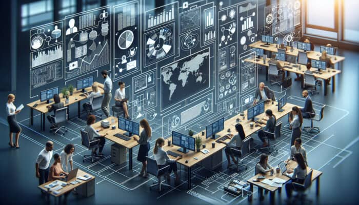 A diverse team in a modern office with a virtual assistant managing newsletters on a computer, enhancing productivity.