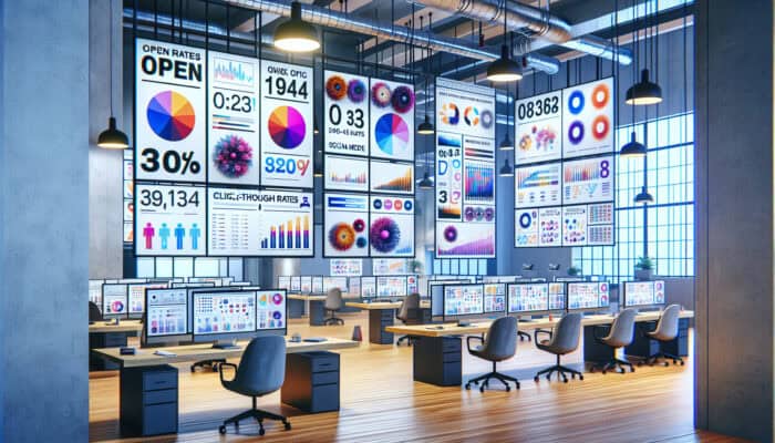 A modern office with a digital dashboard showing graphs and metrics for newsletter management KPIs.