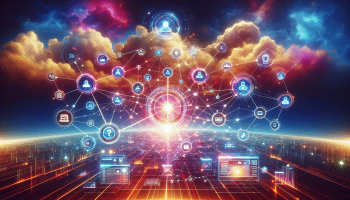 A digital landscape with interconnected nodes, glowing lines, and a central hub under a vibrant sky.