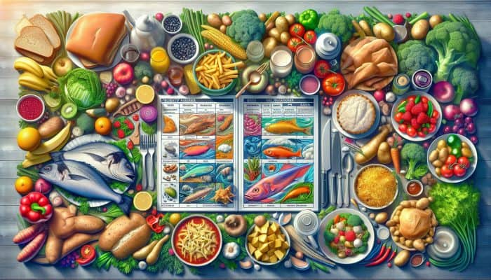 A colourful weekly meal planner featuring UK dishes like fish and chips, shepherd's pie, and Sunday roast on a kitchen table with fresh ingredients.