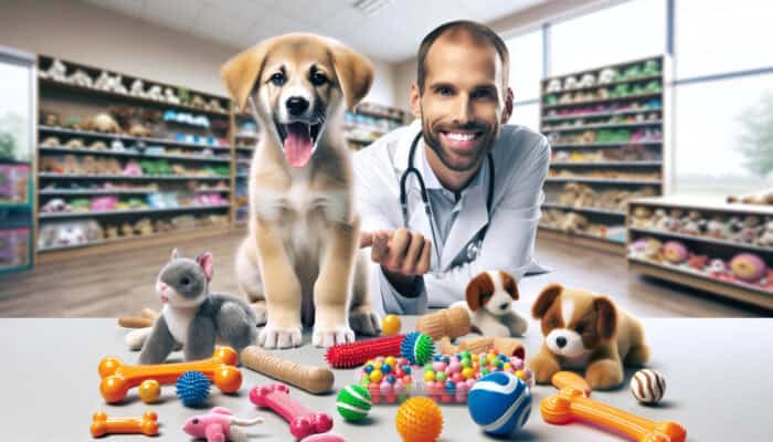 A playful puppy with colourful teething toys, a vet pointing at safe options in a pet store.