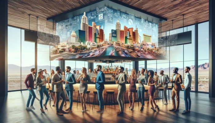 A group in Las Vegas enjoying a planned day of drinking, moving efficiently between bars with specials and discounts.