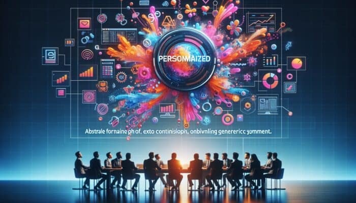 A digital interface showcasing personalized content with vibrant graphics, set against generic data streams.