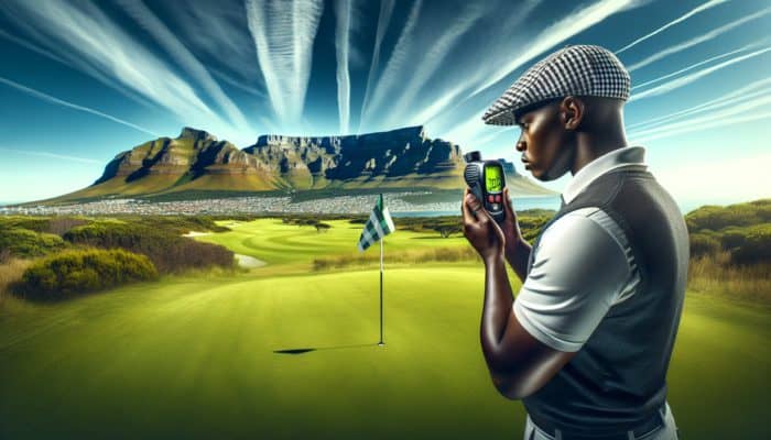 A South African golfer using a laser rangefinder on a green course with Table Mountain in the background.