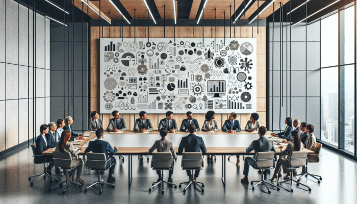 A diverse group of experts, leaders, and influencers brainstorming at a modern conference table with digital screens.