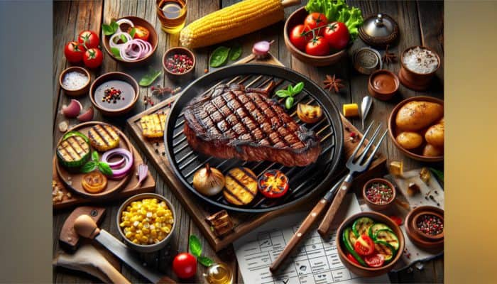 Sharing BBQ Photos for Engagement: A sizzling grilled steak and colourful BBQ delights on a rustic table, evoking summer and family nostalgia.