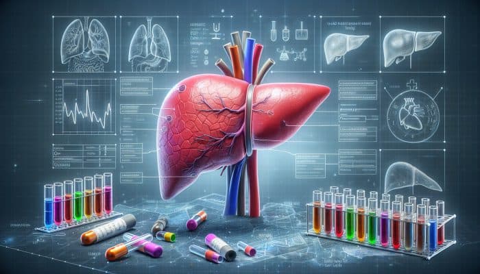 Liver Blood Test in Crewe: Illustration of a liver blood test highlighting hepatitis, cirrhosis, and fatty liver disease with test tubes and charts.