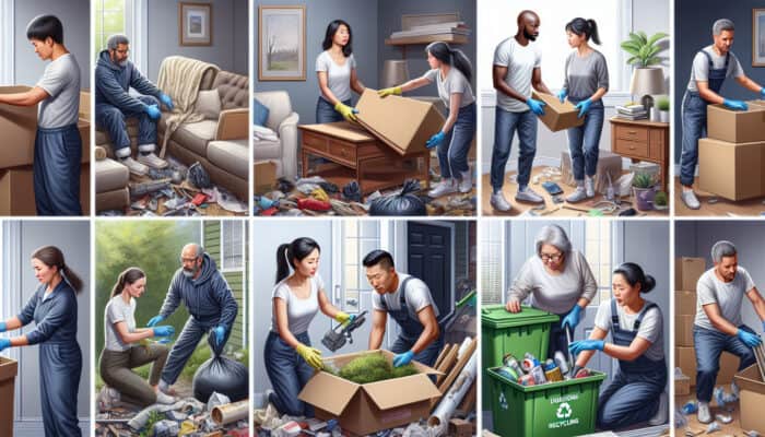 House Clearance in Edinburgh: A professional team clearing a cluttered home, removing various items and organizing donations and recycling.